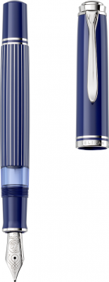 Stilou Souveran M815 Striped Blue F, penita aur 18k, accesorii placate cu paladiu, corp albastru/argintiu, Pelikan